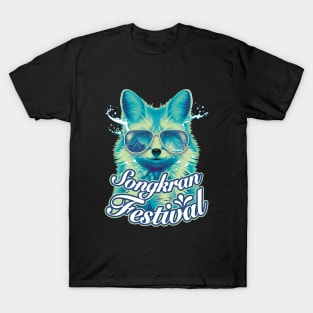 Songkran festival Thailand summer fox tourist wear blue sunglasses water splash T-Shirt